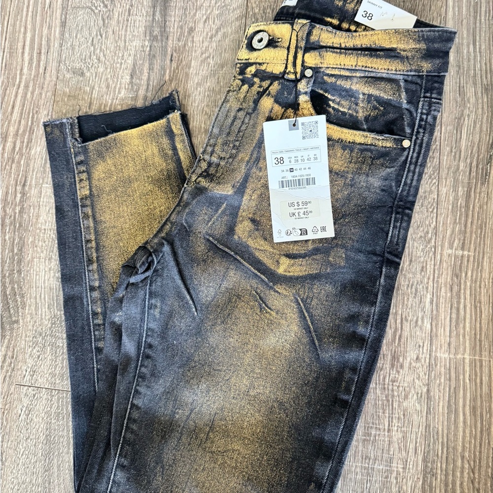 Zara Gold Foil mid waist Skinny Jeans